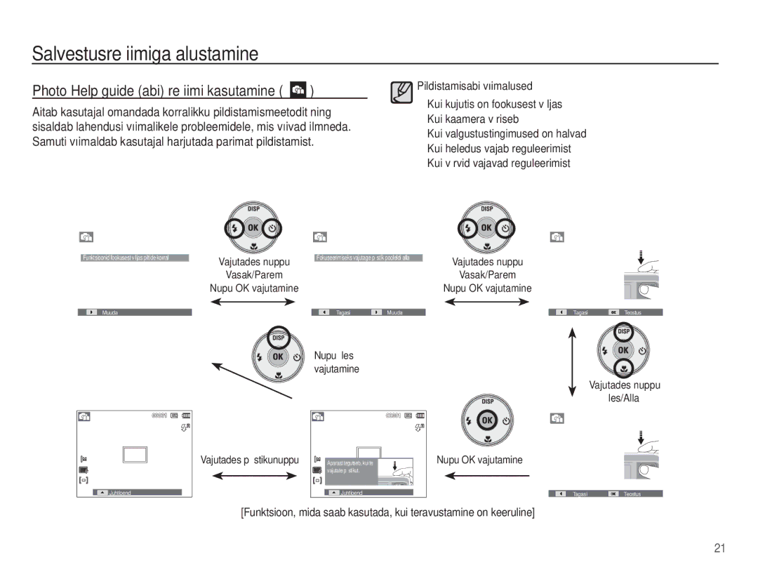 Samsung EC-ES15ZBBA/RU Photo Help guide abi režiimi kasutamine, Vajutades nuppu Vasak/Parem, Vajutades nuppu Üles/Alla 