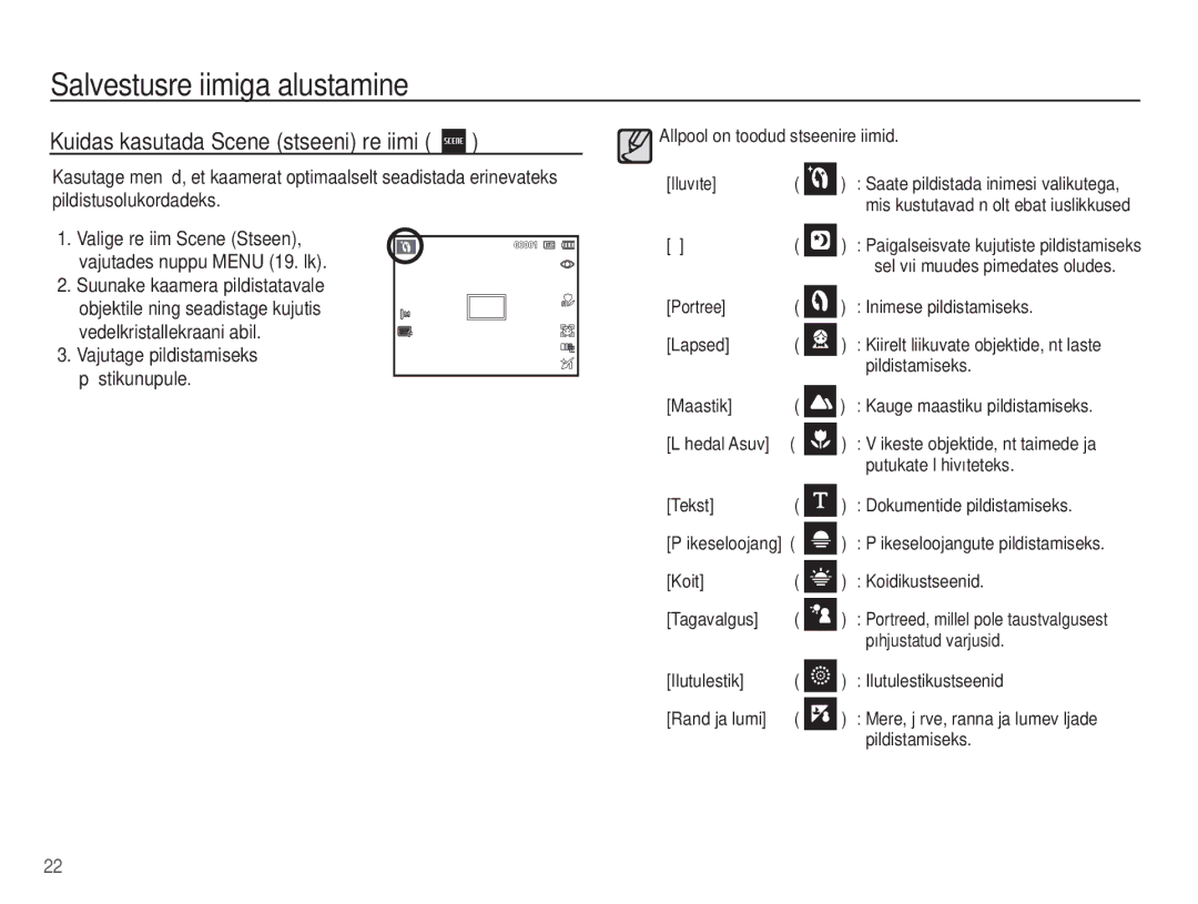 Samsung EC-ES15ZSBA/RU, EC-ES15ZBBA/RU manual Kuidas kasutada Scene stseeni režiimi 