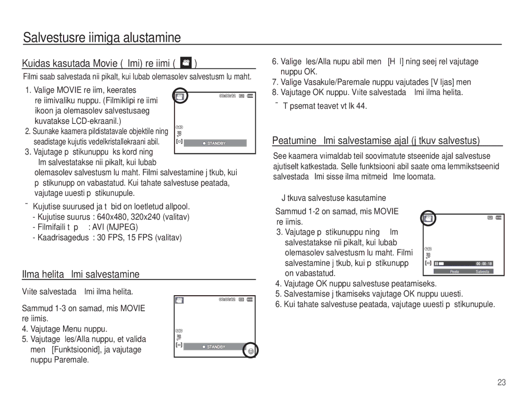 Samsung EC-ES15ZBBA/RU Kuidas kasutada Movie ﬁlmi režiimi, Ilma helita ﬁlmi salvestamine, Valige Movie režiim, keerates 