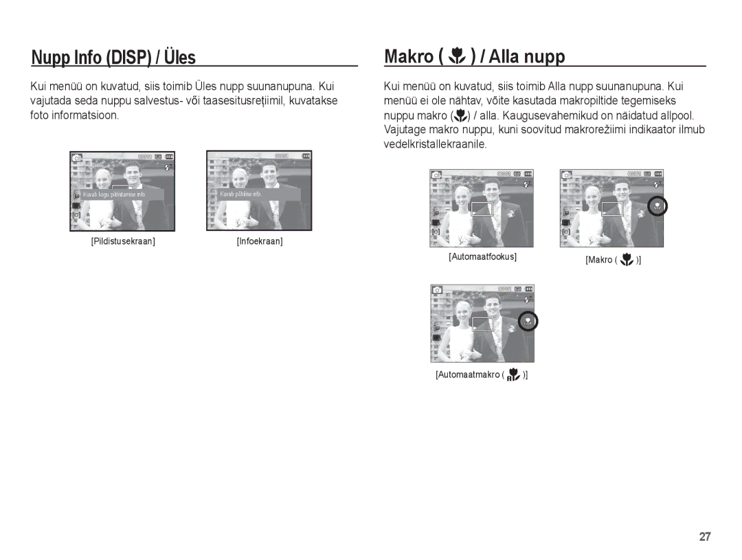 Samsung EC-ES15ZBBA/RU, EC-ES15ZSBA/RU manual Nupp Info Disp / Üles, Makro / Alla nupp 