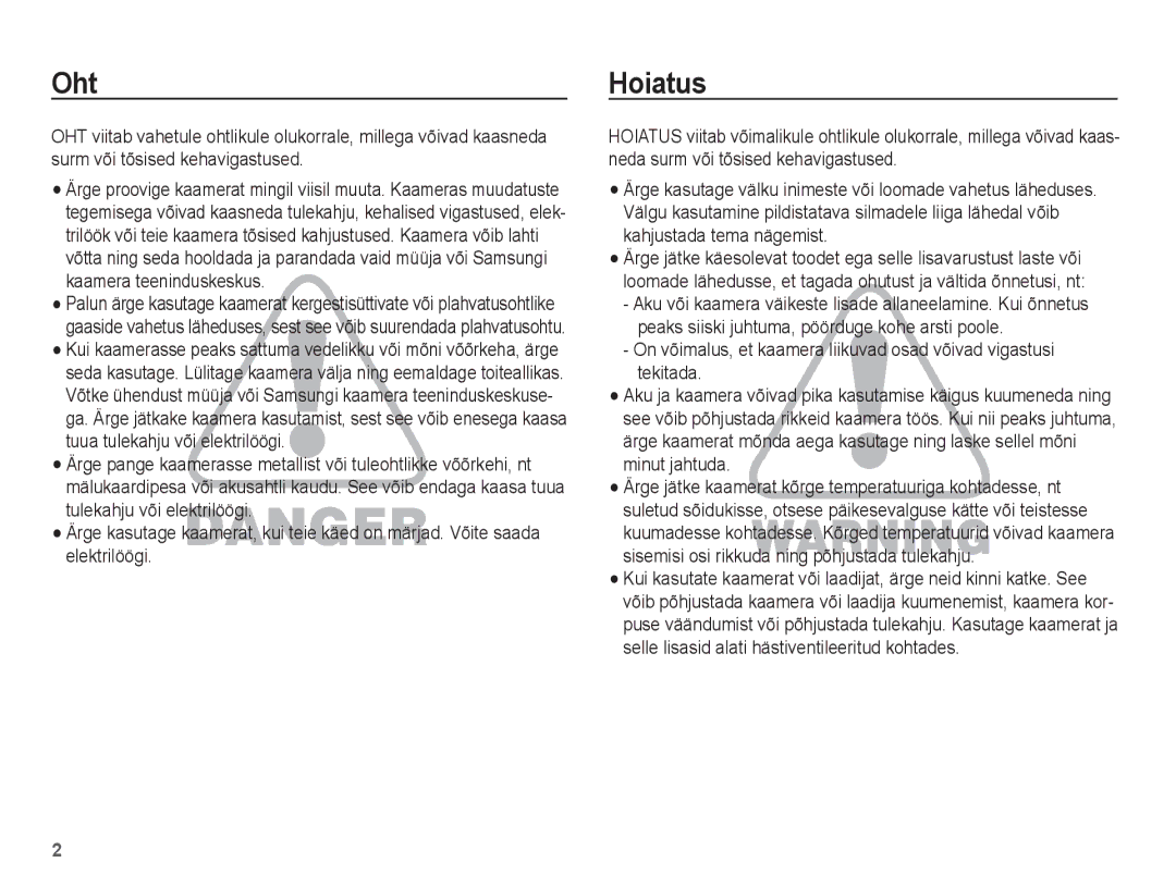 Samsung EC-ES15ZSBA/RU, EC-ES15ZBBA/RU manual Oht, Hoiatus 