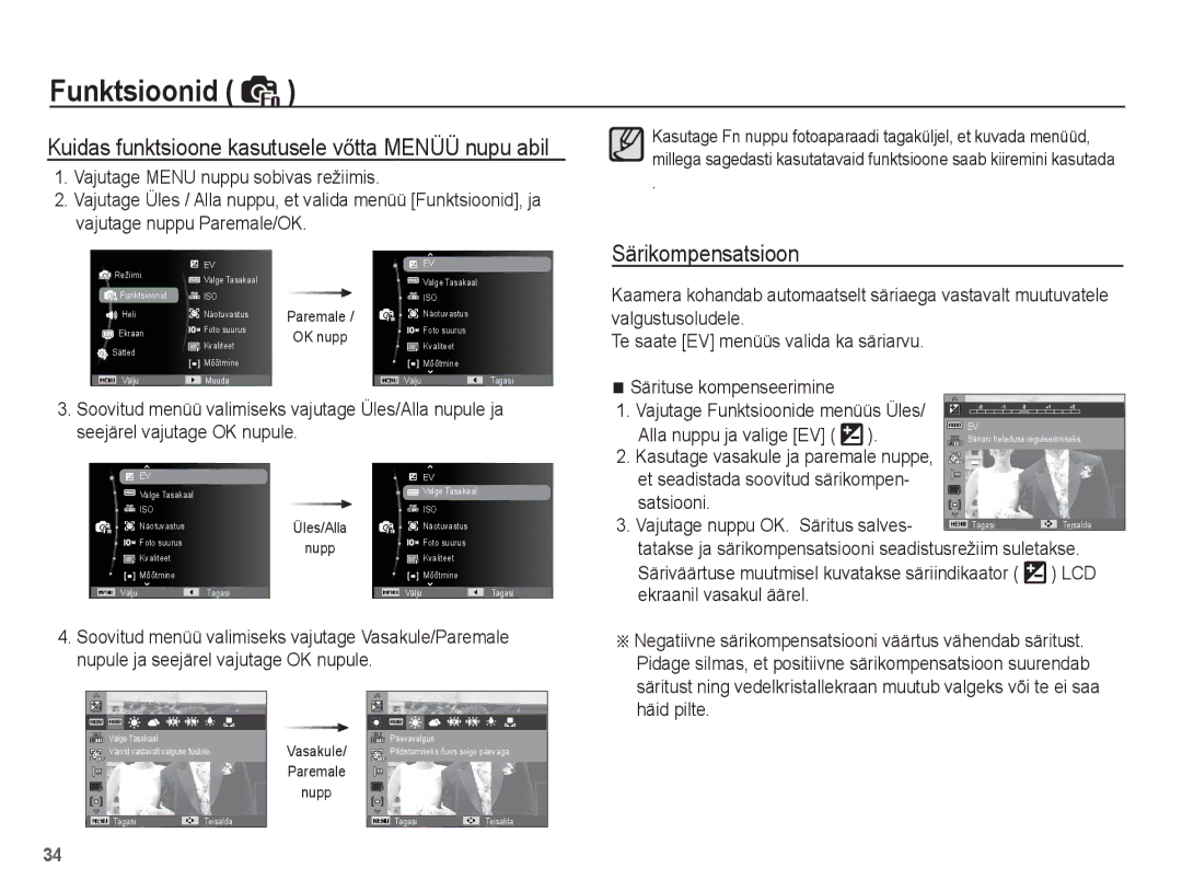 Samsung EC-ES15ZSBA/RU, EC-ES15ZBBA/RU Särikompensatsioon, Ekraanil vasakul äärel, Kasutage vasakule ja paremale nuppe 