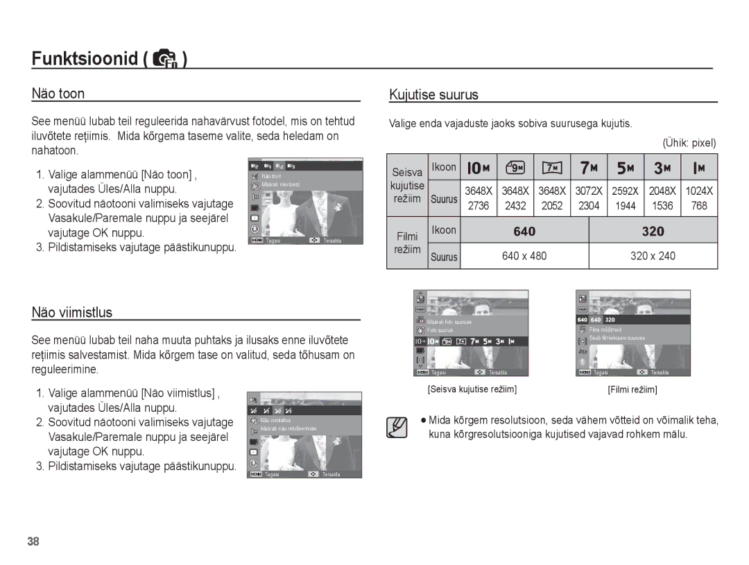 Samsung EC-ES15ZSBA/RU manual Näo toon, Kujutise suurus, Näo viimistlus, Vajutades Üles/Alla nuppu, Vajutage OK nuppu 