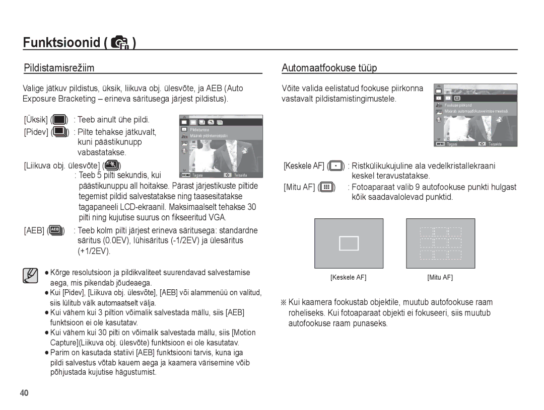 Samsung EC-ES15ZSBA/RU, EC-ES15ZBBA/RU manual Pildistamisrežiim, Automaatfookuse tüüp 