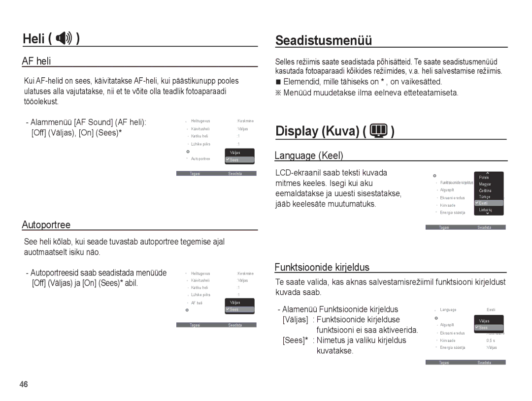 Samsung EC-ES15ZSBA/RU, EC-ES15ZBBA/RU manual Seadistusmenüü, Display Kuva 