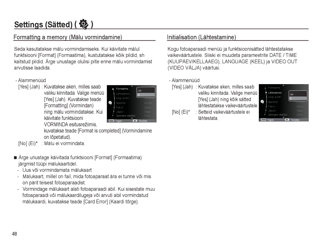 Samsung EC-ES15ZSBA/RU, EC-ES15ZBBA/RU Settings Sätted, Formatting a memory Mälu vormindamine, Initialisation Lähtestamine 