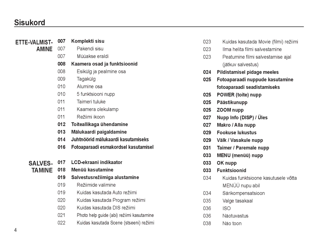 Samsung EC-ES15ZSBA/RU, EC-ES15ZBBA/RU manual Sisukord, Pakendi sisu 007 Müüakse eraldi, 038 