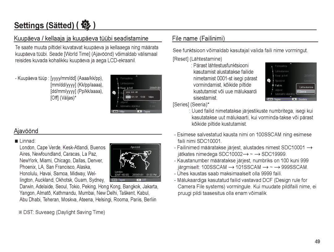 Samsung EC-ES15ZBBA/RU, EC-ES15ZSBA/RU Kuupäeva / kellaaja ja kuupäeva tüübi seadistamine, Ajavöönd, File name Failinimi 