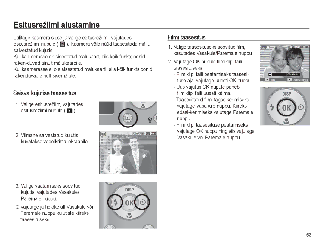 Samsung EC-ES15ZBBA/RU, EC-ES15ZSBA/RU manual Esitusrežiimi alustamine, Filmi taasesitus, Seisva kujutise taasesitus 