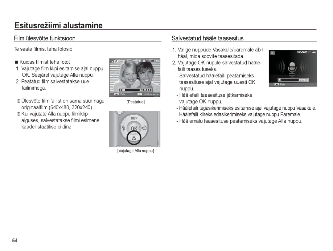 Samsung EC-ES15ZSBA/RU, EC-ES15ZBBA/RU manual Filmiülesvõtte funktsioon, Salvestatud hääle taasesitus 