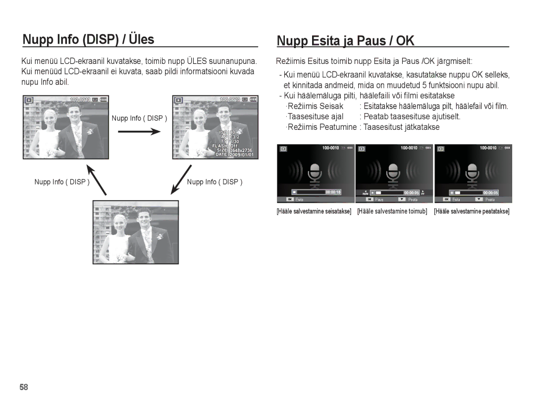 Samsung EC-ES15ZSBA/RU Nupp Esita ja Paus / OK, Režiimis Esitus toimib nupp Esita ja Paus /OK järgmiselt, Nupp Info Disp 