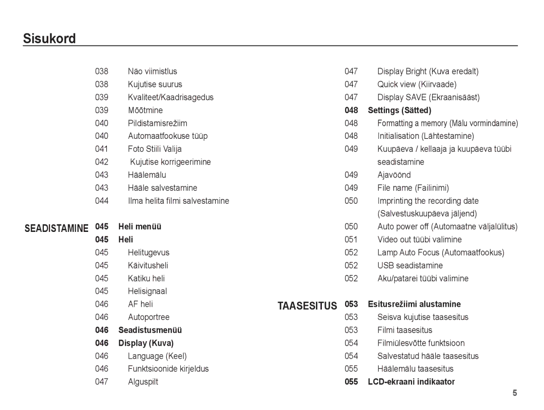 Samsung EC-ES15ZBBA/RU manual Pildistamisrežiim 048, Video out tüübi valimine 045 Helitugevus 052, Filmi taasesitus 