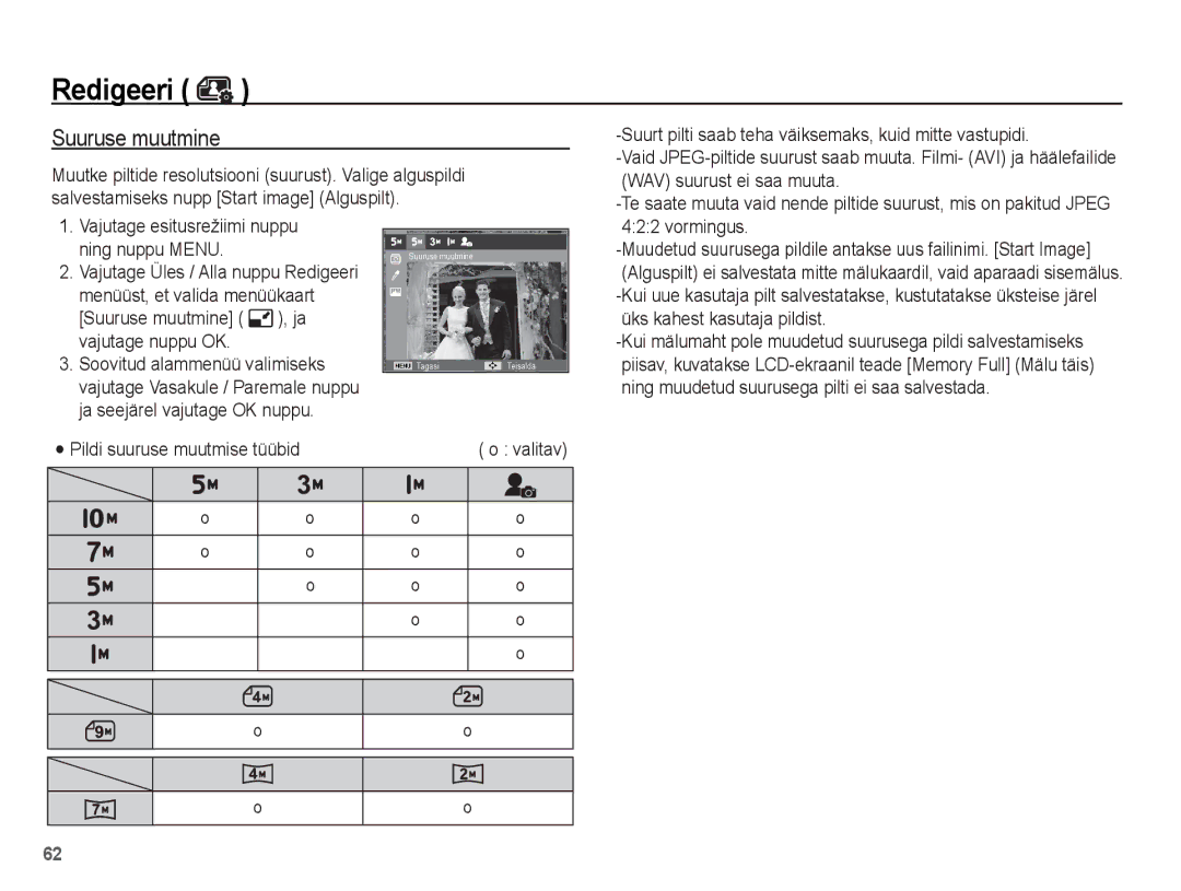 Samsung EC-ES15ZSBA/RU, EC-ES15ZBBA/RU manual Redigeeri, Suuruse muutmine 