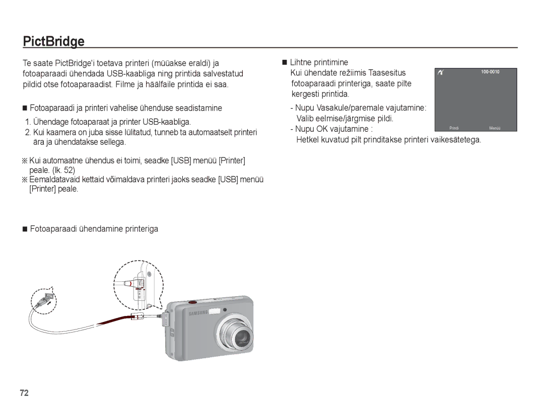 Samsung EC-ES15ZSBA/RU manual PictBridge, Nupu OK vajutamine, Hetkel kuvatud pilt prinditakse printeri vaikesätetega 