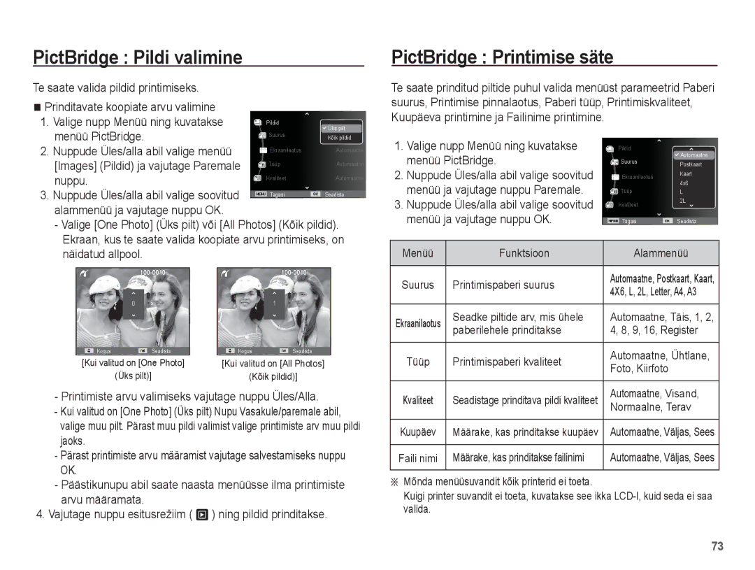 Samsung EC-ES15ZBBA/RU PictBridge Pildi valimine, PictBridge Printimise säte, Menüü PictBridge, Menüü ja vajutage nuppu OK 