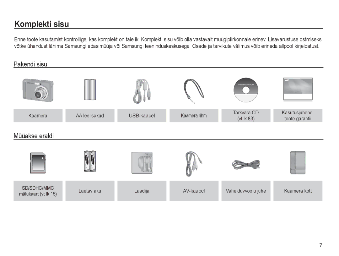 Samsung EC-ES15ZBBA/RU manual Komplekti sisu, Pakendi sisu, Müüakse eraldi, Kaamera AA leelisakud USB-kaabel Kaamera rihm 