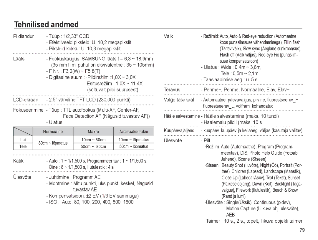 Samsung EC-ES15ZBBA/RU, EC-ES15ZSBA/RU manual Tehnilised andmed 