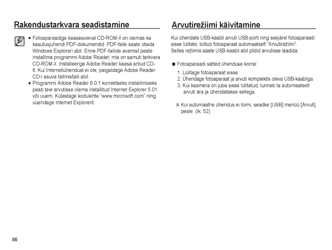 Samsung EC-ES15ZSBA/RU, EC-ES15ZBBA/RU manual Rakendustarkvara seadistamine Arvutirežiimi käivitamine 