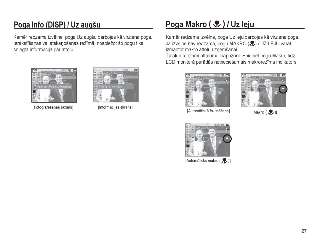 Samsung EC-ES15ZBBA/RU, EC-ES15ZSBA/RU manual Poga Info Disp / Uz augšu, Poga Makro / Uz leju 