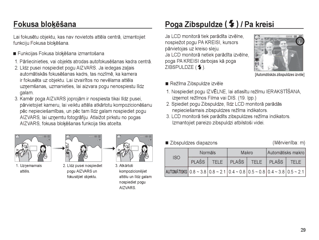 Samsung EC-ES15ZBBA/RU Fokusa bloƷƝšana, Poga Zibspuldze / Pa kreisi, RežƯma Zibspuldze izvƝle, Zibspuldzes diapazons 