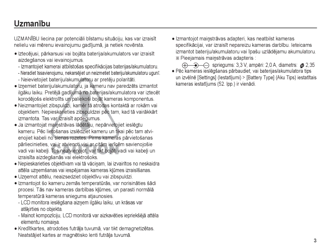 Samsung EC-ES15ZBBA/RU manual UzmanƯbu, Neievietojiet bateriju/akumulatoru ar pretƝju polaritƗti, Elementu nomaiƼa 