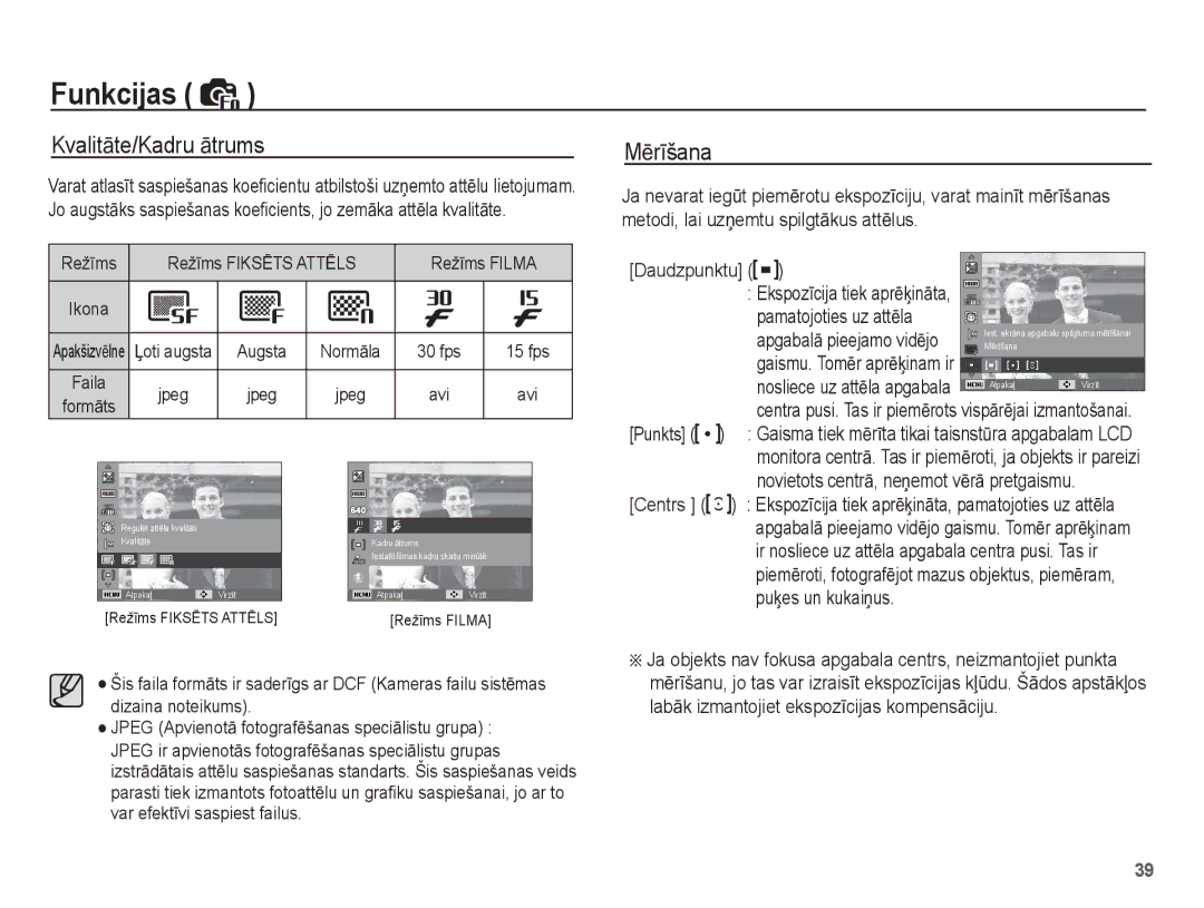 Samsung EC-ES15ZBBA/RU, EC-ES15ZSBA/RU manual KvalitƗte/Kadru Ɨtrums, MƝrƯšana, Pamatojoties uz attƝla 