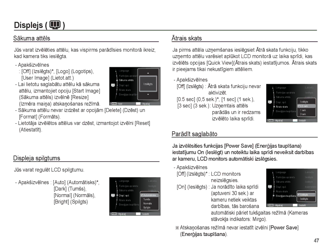 Samsung EC-ES15ZBBA/RU, EC-ES15ZSBA/RU manual SƗkuma attƝls, Ɩtrais skats, Displeja spilgtums ParƗdƯt saglabƗto 