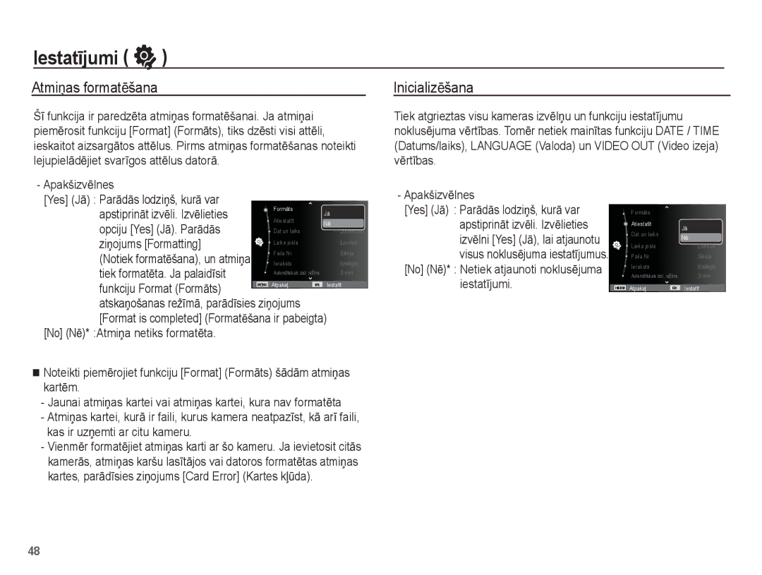 Samsung EC-ES15ZSBA/RU, EC-ES15ZBBA/RU manual IestatƯjumi, AtmiƼas formatƝšana, InicializƝšana 