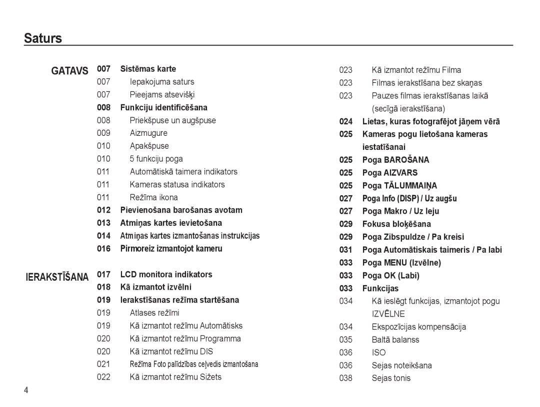 Samsung EC-ES15ZSBA/RU manual Saturs, Iepakojuma saturs Pieejams atsevišƷi, 034 KƗ ieslƝgt funkcijas, izmantojot pogu 