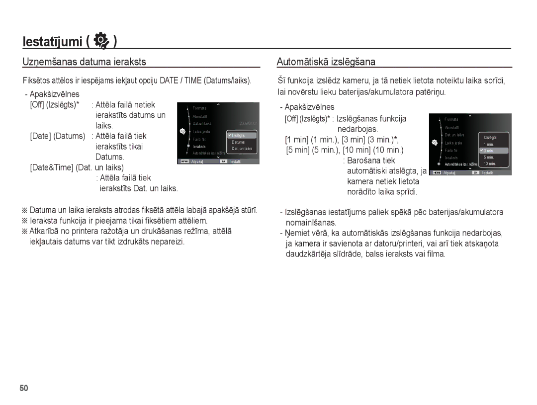 Samsung EC-ES15ZSBA/RU, EC-ES15ZBBA/RU manual UzƼemšanas datuma ieraksts, AutomƗtiskƗ izslƝgšana 