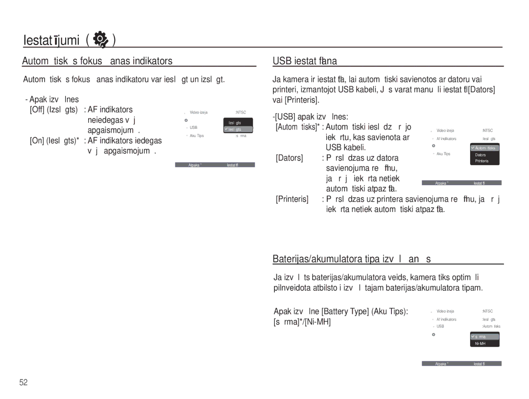 Samsung EC-ES15ZSBA/RU manual AutomƗtiskƗs fokusƝšanas indikators, USB iestatƯšana, Baterijas/akumulatora tipa izvƝlƝšanƗs 