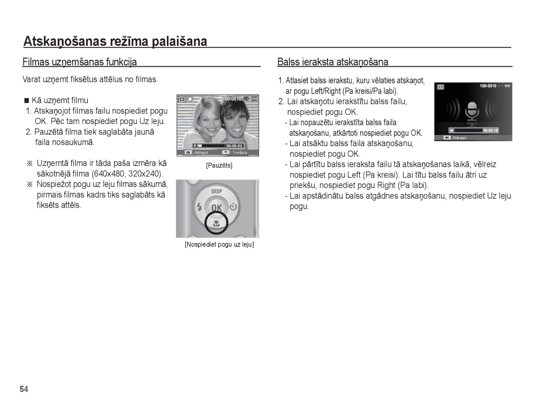 Samsung EC-ES15ZSBA/RU Filmas uzƼemšanas funkcija, Balss ieraksta atskaƼošana, Varat uzƼemt fiksƝtus attƝlus no filmas 