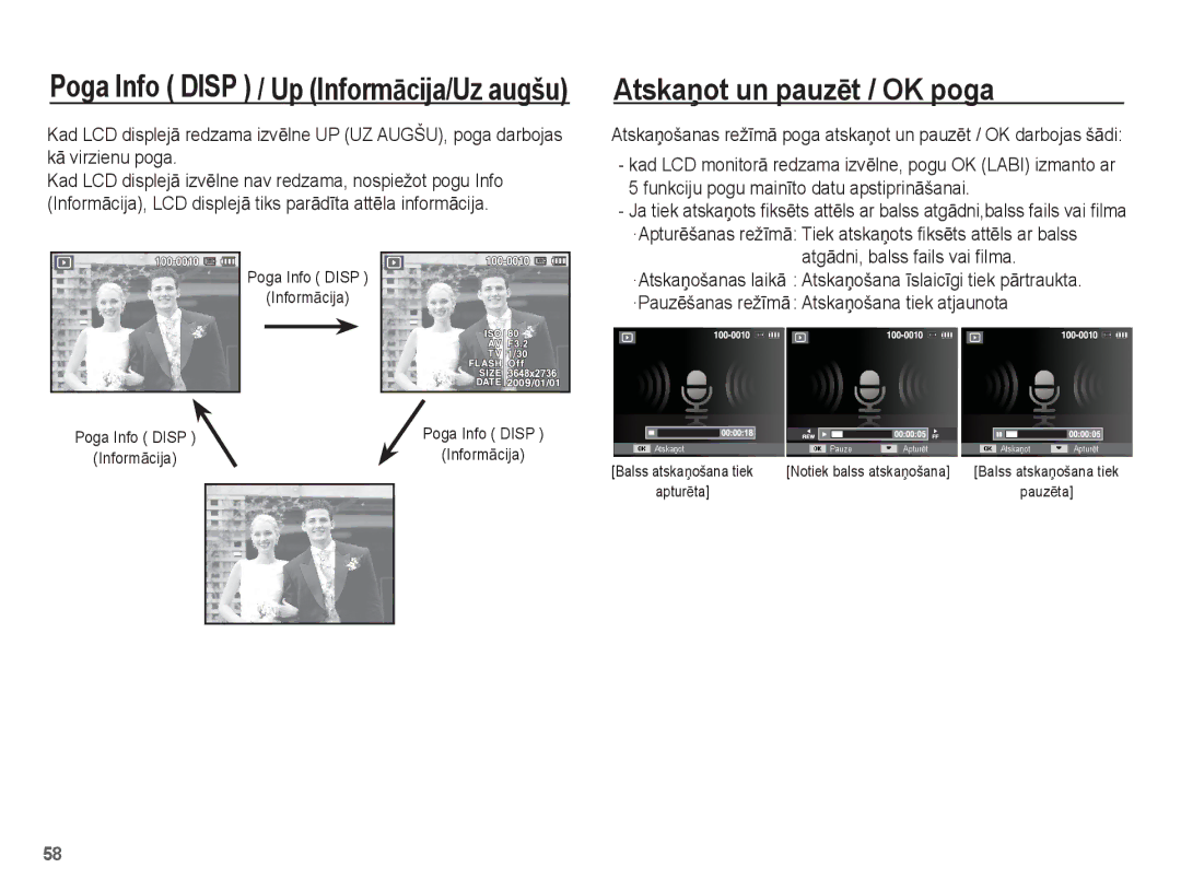 Samsung EC-ES15ZSBA/RU, EC-ES15ZBBA/RU manual AtskaƼot un pauzƝt / OK poga, Poga Info Disp InformƗcija 