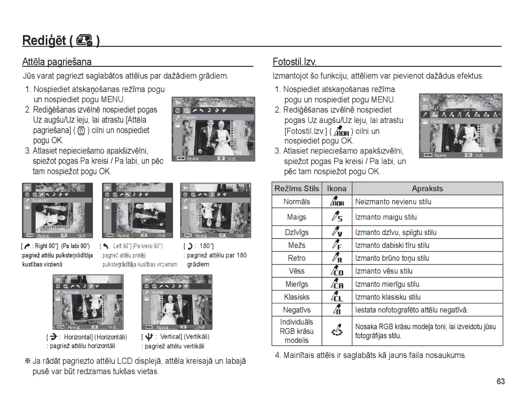 Samsung EC-ES15ZBBA/RU, EC-ES15ZSBA/RU manual AttƝla pagriešana, Jǌs varat pagriezt saglabƗtos attƝlus par dažƗdiem grƗdiem 