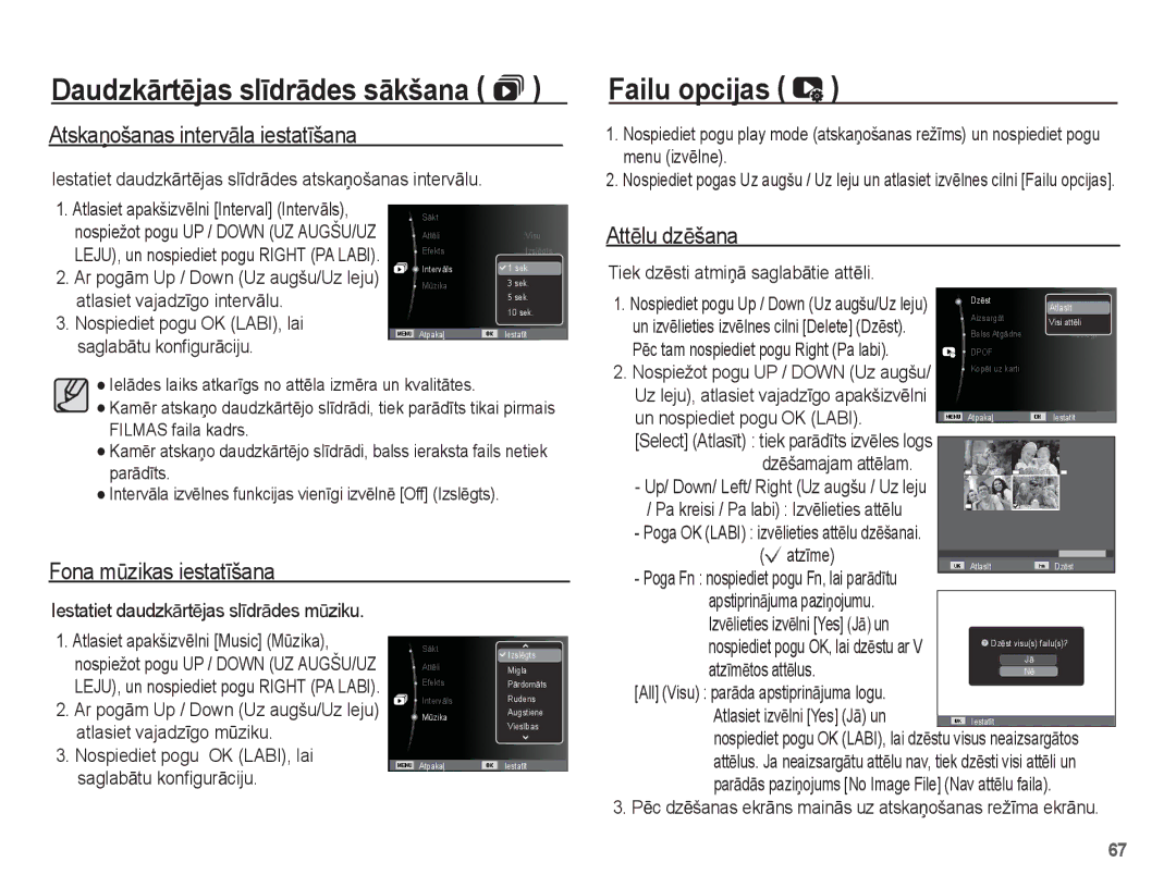 Samsung EC-ES15ZBBA/RU manual Failu opcijas, AtskaƼošanas intervƗla iestatƯšana, Fona mǌzikas iestatƯšana, AttƝlu dzƝšana 