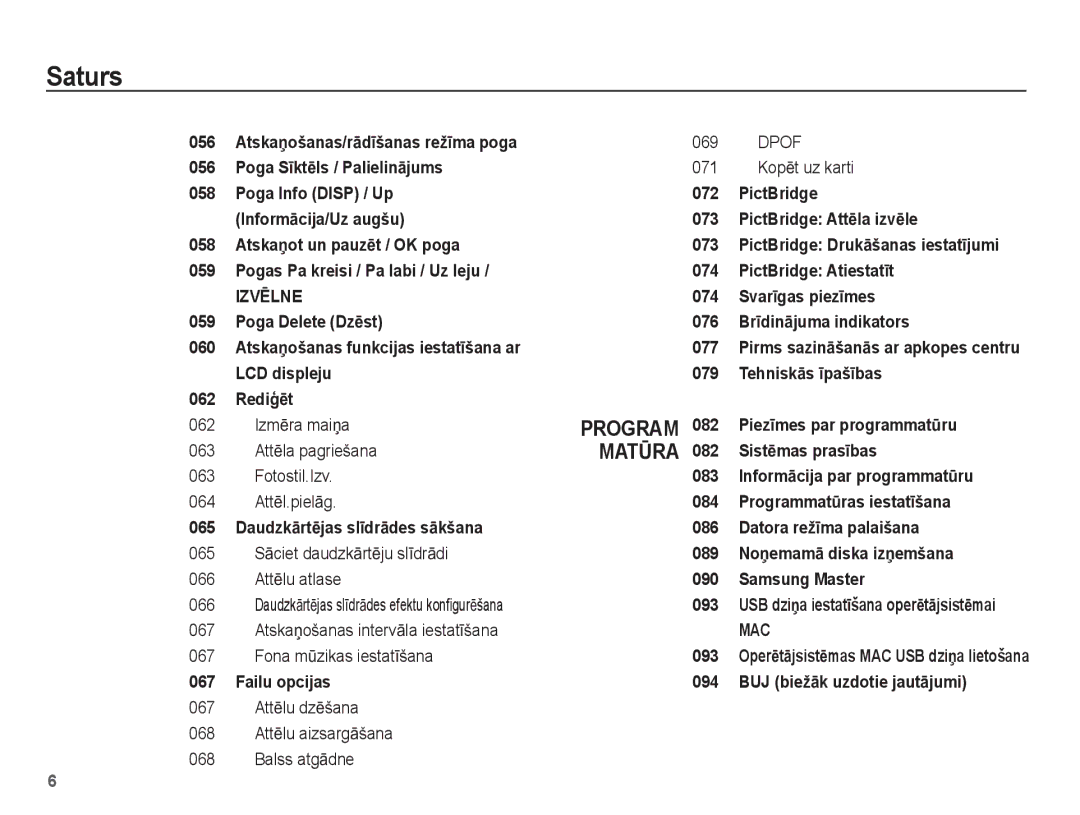 Samsung EC-ES15ZSBA/RU, EC-ES15ZBBA/RU manual 065 SƗciet daudzkƗrtƝju slƯdrƗdi 066 AttƝlu atlase, Dpof 071 KopƝt uz karti 