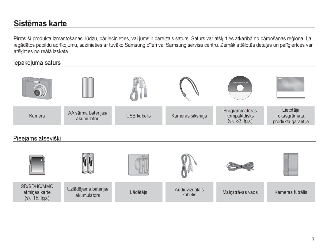 Samsung EC-ES15ZBBA/RU, EC-ES15ZSBA/RU manual SistƝmas karte, Iepakojuma saturs, Pieejams atsevišƷi 