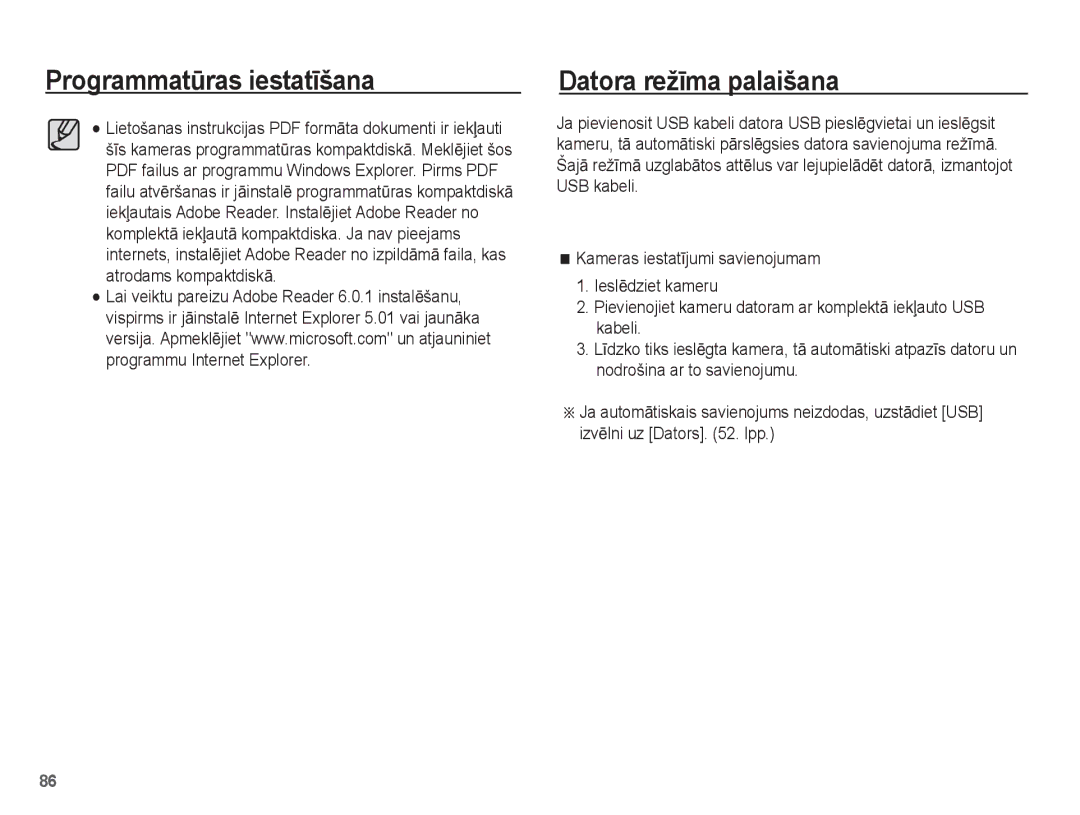 Samsung EC-ES15ZSBA/RU, EC-ES15ZBBA/RU manual Programmatǌras iestatƯšana Datora režƯma palaišana 