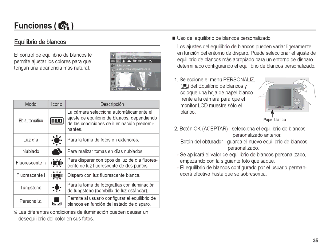 Samsung EC-ES15ZSBA/E1, EC-ES15ZPBA/AR, EC-ES15ZPBA/E1 manual Uso del equilibrio de blancos personalizado, Personalizado 