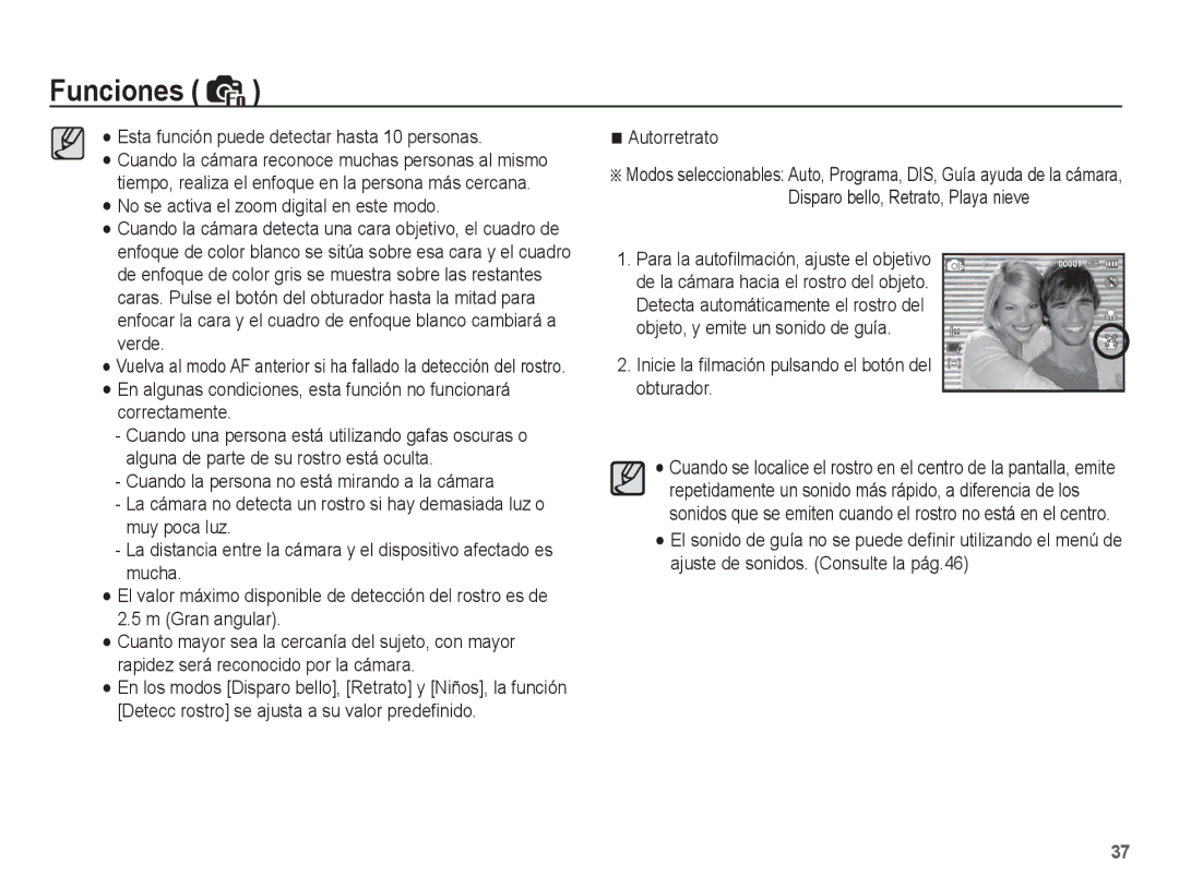 Samsung EC-ES15ZBBA/E1 manual Inicie la ﬁlmación pulsando el botón del obturador, Para la autoﬁlmación, ajuste el objetivo 