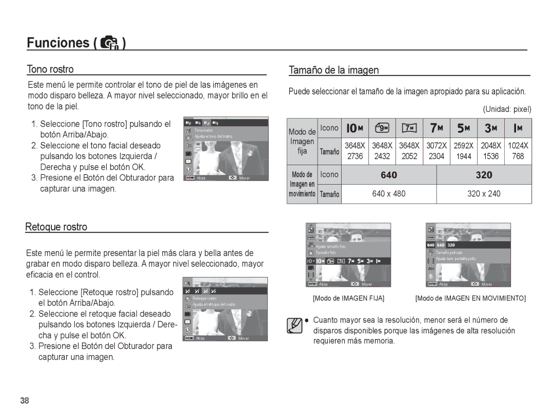 Samsung EC-ES15ZBBA/AU, EC-ES15ZPBA/AR, EC-ES15ZSBA/E1, EC-ES15ZPBA/E1 manual Tono rostro, Tamaño de la imagen, Retoque rostro 