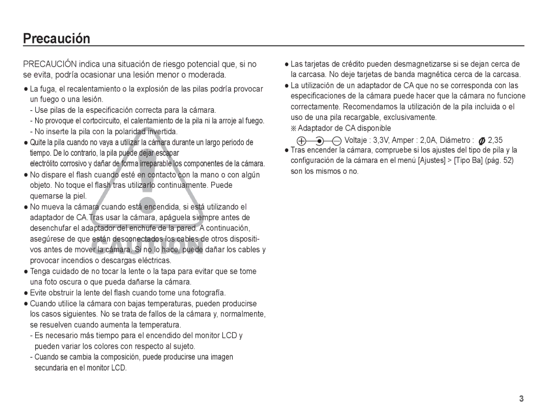 Samsung EC-ES15ZBBA/AU manual Precaución, No inserte la pila con la polaridad invertida, Adaptador de CA disponible 