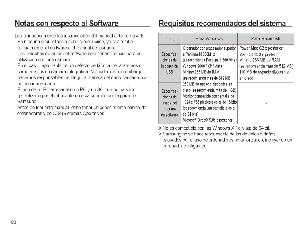 Samsung EC-ES15ZBBA/E1, EC-ES15ZPBA/AR, EC-ES15ZSBA/E1 Notas con respecto al Software, Requisitos recomendados del sistema 