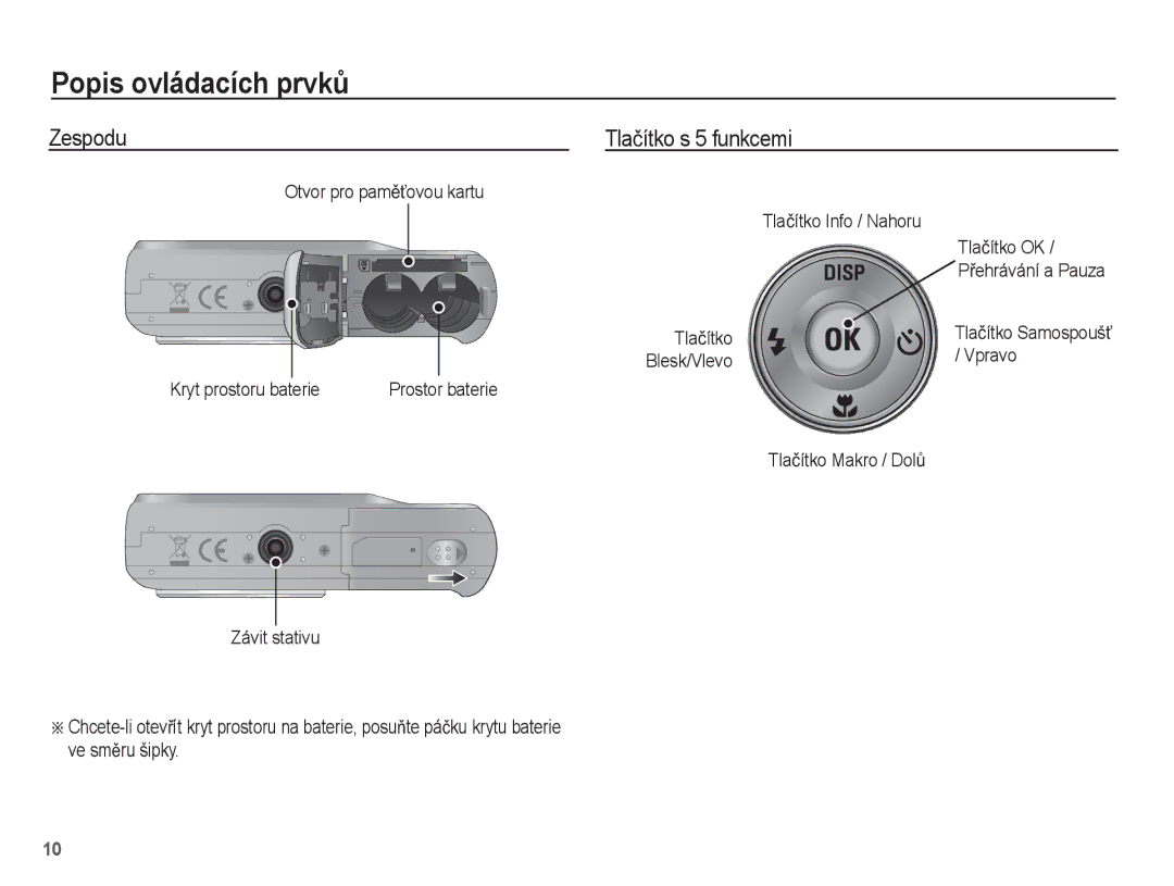 Samsung EC-ES15ZPBA/E3, EC-ES15ZPBA/AR manual Zespodu Tlaþítko s 5 funkcemi, Blesk/Vlevo Vpravo Kryt prostoru baterie 