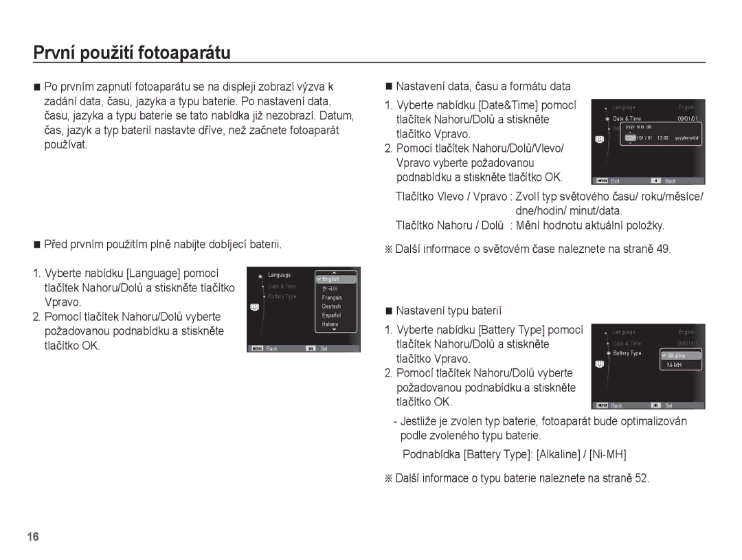 Samsung EC-ES15ZBBA/E3, EC-ES15ZPBA/AR manual První použití fotoaparátu, PĜed prvním použitím plnČ nabijte dobíjecí baterii 