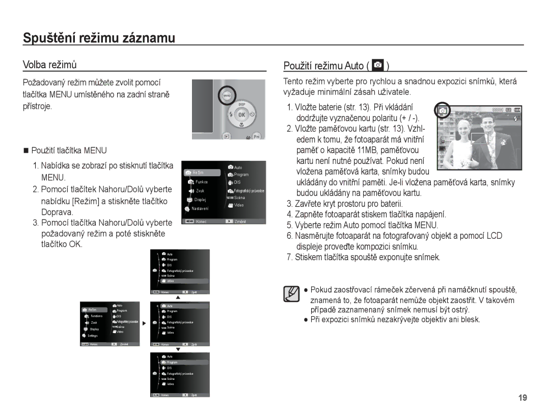 Samsung EC-ES15ZWBA/AR, EC-ES15ZPBA/AR, EC-ES15ZWBA/E3 manual SpuštČní režimu záznamu, Volba režimĤ Použití režimu Auto 