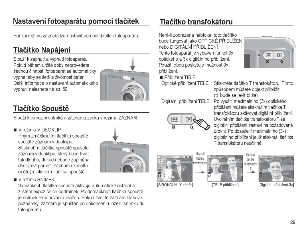 Samsung EC-ES15ZBBA/AR Nastavení fotoaparátu pomocí tlaþítek, Tlaþítko Napájení, Tlaþítko SpouštČ, Tlaþítko transfokátoru 