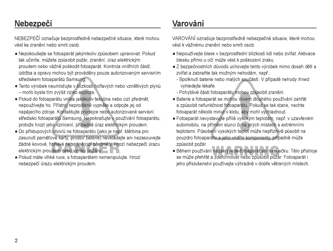 Samsung EC-ES15ZBBA/E3, EC-ES15ZPBA/AR, EC-ES15ZWBA/E3 manual Nebezpeþí, Varování, Mohli byste tím zvýšit riziko exploze 