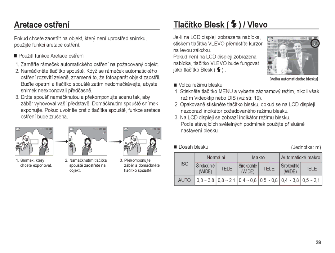 Samsung EC-ES15ZSBA/E3, EC-ES15ZPBA/AR, EC-ES15ZWBA/E3, EC-ES15ZBBA/E3 manual Aretace ostĜení, Tlaþítko Blesk / Vlevo 