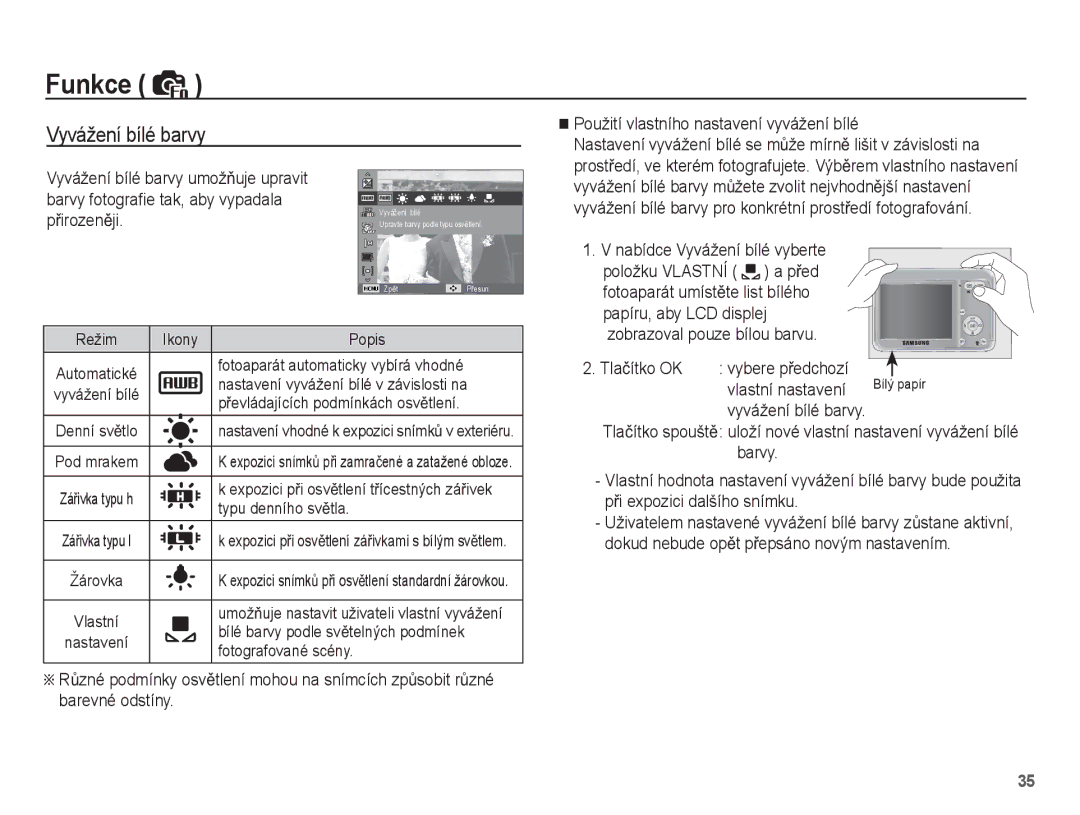 Samsung EC-ES15ZWBA/E3 manual Vyvážení bílé barvy, Barvy fotograﬁe tak, aby vypadala PĜirozenČji, Vlastní nastavení 